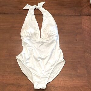 Silky White Spandex Halter One Piece Swimsuit, with Rhinestones.
